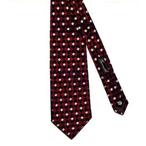 Faconnable Woven Silk Mens Tie Necktie France Geometric Red Black 58" x 4"